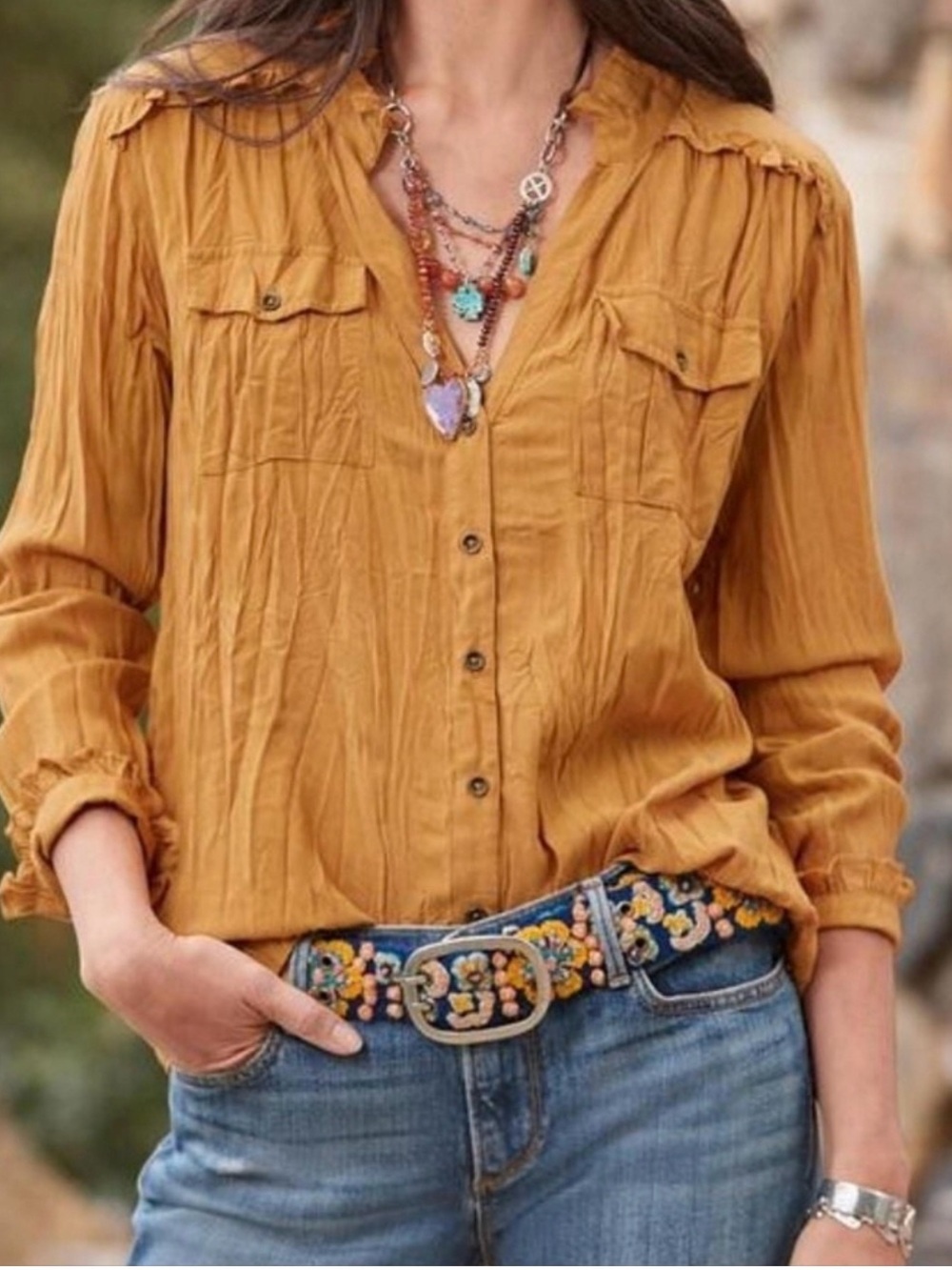 Sundance Women’s Mustard Long Sleeve V-Neck Ruffled Button-Up Blouse Small